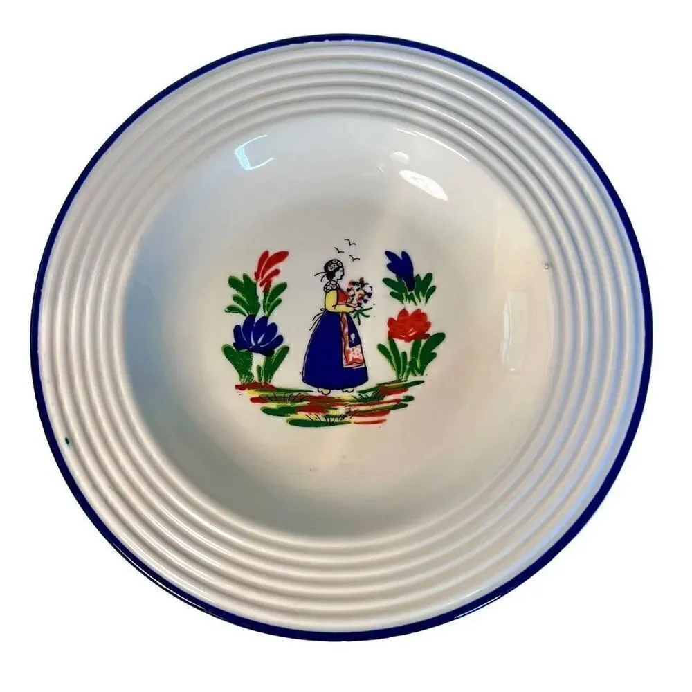 Varages Peasant Woman Bowl 9.25 Inch Soup Bowls with Cobalt Trim 1960s France